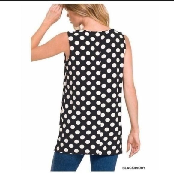 Black/Ivory Polka Dot Sleeveless Tunic Top For Women - Picture 2 of 4
